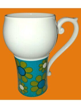 Groovy Vintage Ceramic Flower Mug 6x5 Bright Blue & Green Daisy Design No Chips